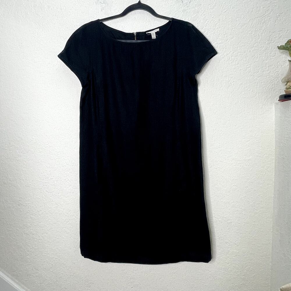 Eileen Fisher XS Black Organic Linen Shift Dress Petite Short Sleeve Pockets